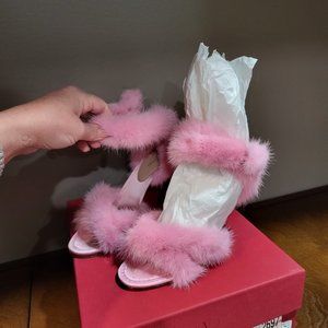 $1495 VALENTINO GARAVANI GENIUNE MINK FUR PINK SANDALS HEELS 39.5 9US ITALY SHOE